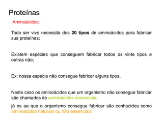 Proteínas
Aminoácidos:
Todo ser vivo necessita dos 20 tipos de aminoácidos para fabricar
sua proteínas;
Existem espécies que conseguem fabricar todos os vinte tipos e
outras não;
Ex: nossa espécie não consegue fabricar alguns tipos.
Neste caso os aminoácidos que um organismo não consegue fabricar
são chamados de aminoácidos essenciais;
já os aa que o organismo consegue fabricar são conhecidos como
aminoácidos naturais ou não essenciais
 