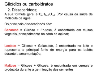 Glicídios ou carboidratos
2. Dissacarídeos;
A sua formula geral é CnH2n-2On-1 .Por causa da saída da
molécula de água;
Os principais dissacarídeos são:
Sacarose = Glicose + Frutose, é encontrada em muitos
vegetais, principalmente na cana de açúcar;
Lactose = Glicose + Galactose, é encontrada no leite e
representa a principal fonte de energia para os bebês
durante a amamentação;
Maltose = Glicose + Glicose, é encontrada em cereais e
produzida durante a germinação das sementes
 