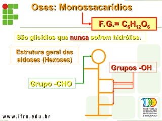 Oses: Monossacarídios
Oses: Monossacarídios
F.G.= C
F.G.= C6
6H
H12
12O
O6
6
São glicídios que
São glicídios que nunca
nunca sofrem hidrólise.
sofrem hidrólise.
Estrutura geral das
Estrutura geral das
aldoses (Hexoses)
aldoses (Hexoses)
Grupo -CHO
Grupo -CHO
Grupos -OH
Grupos -OH
 