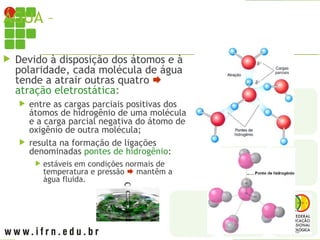 ÁGUA – PONTES DE HIDROGÊNIO
 Devido à disposição dos átomos e à
polaridade, cada molécula de água
tende a atrair outras quatro 
atração eletrostática:
 entre as cargas parciais positivas dos
átomos de hidrogênio de uma molécula
e a carga parcial negativa do átomo de
oxigênio de outra molécula;
 resulta na formação de ligações
denominadas pontes de hidrogênio:
 estáveis em condições normais de
temperatura e pressão  mantêm a
água fluida.
 