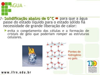 ÁGUA – PROPRIEDADES
7-
7- Solidificação abaixo de 0°C
Solidificação abaixo de 0°C  para que a água
passe do estado líquido para o estado sólido há
necessidade de grande liberação de calor:
 evita o congelamento das células e a formação de
cristais de gelo que poderiam romper as estruturas
celulares.
Pontes de
hidrogênio
no gelo.
 