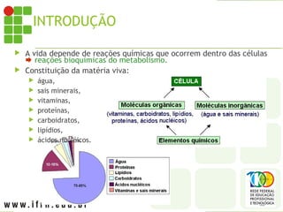 INTRODUÇÃO
 A vida depende de reações químicas que ocorrem dentro das células
 reações bioquímicas do metabolismo.
 Constituição da matéria viva:
 água,
 sais minerais,
 vitaminas,
 proteínas,
 carboidratos,
 lipídios,
 ácidos nucléicos.
 