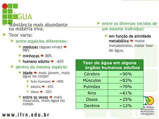 ÁGUA
Teor de água em alguns
órgãos humanos adultos
Cérebro ~90%
Músculos ~83%
Pulmões ~70%
Rins ~61%
Ossos ~25%
Dentina ~12%
 Substância mais abundante
na matéria viva.
 Teor varia:
 entre espécies diferentes:
 medusas
medusas (águas-vivas) 
98%
 minhocas
minhocas  80%
 humano adulto
humano adulto  ~65%
 dentro da mesma espécie:
 idade
idade  mais jovem, mais
água no corpo:
 feto humano  >90%
 adulto  ~65%
 idoso  ~50%
 entre os sexos
entre os sexos  mais
músculos, mais água no
corpo.
 entre os diversos tecidos de
um mesmo indivíduo:
 em função da atividade
em função da atividade
metabólica
metabólica  maior
metabolismo, maior teor
de água.
 