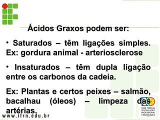 Ácidos Graxos podem ser:
Ácidos Graxos podem ser:
• Saturados – têm ligações simples.
Saturados – têm ligações simples.
Ex: gordura animal - arteriosclerose
Ex: gordura animal - arteriosclerose
• Insaturados – têm dupla ligação
Insaturados – têm dupla ligação
entre os carbonos da cadeia.
entre os carbonos da cadeia.
Ex: Plantas e certos peixes – salmão,
Ex: Plantas e certos peixes – salmão,
bacalhau (óleos) – limpeza das
bacalhau (óleos) – limpeza das
artérias.
artérias.
 