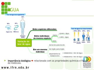 ÁGUA
 Importância biológica
Importância biológica  relacionada com as propriedades químicas e físicas
da molécula.
 