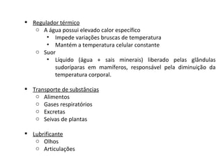   Regulador térmico A água possui elevado calor específico  Impede variações bruscas de temperatura Mantém a temperatura celular constante Suor Líquido (água + sais minerais) liberado pelas glândulas sudoríparas em mamíferos, responsável pela diminuição da temperatura corporal. Transporte de substâncias Alimentos Gases respiratórios Excretas Seivas de plantas Lubrificante Olhos Articulações 