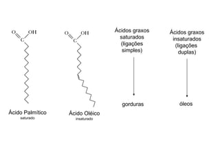 Ácido Palmítico saturado Ácido Oléico insaturado Ácidos graxos saturados (ligações simples) gorduras Ácidos graxos insaturados (ligações  duplas) óleos 