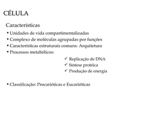 CÉLULA Características Unidades de vida compartimentalizadas  Complexo de moléculas agrupadas por funções Características estruturais comuns: Arquitetura Processos metabólicos:  Replicação de DNA  Síntese protéica Produção de energia Classificação: Procarióticas e Eucarióticas 