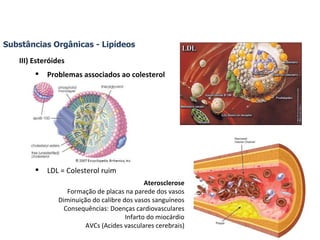 Substâncias Orgânicas - Lipídeos III) Esteróides Problemas associados ao colesterol LDL = Colesterol ruim Aterosclerose Formação de placas na parede dos vasos Diminuição do calibre dos vasos sanguíneos Consequências: Doenças cardiovasculares Infarto do miocárdio AVCs (Acides vasculares cerebrais) 