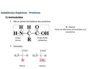 Substâncias Orgânicas - Proteínas I) Aminoácidos São as partes formadoras das proteínas Exemplos Grupo Amino Grupo Ácido Carboxílico R  = Radical Varia nos diferentes aminoácidos e os caracteriza. Glicina Alanina 