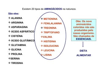 São eles: ALANINA ARGININA ASPARAGINA ÁCIDO ASPÁRTICO CISTEÍNA ÁCIDO GLUTÂMICO GLUTAMINA GLICINA PROLINA SERINA TIROSINA METIONINA FENILALANINA TREONINA TRIPTOFANO VALINA HISTIDINA ISOLEUCINA LEUCINA LISINA Obs: Os nove aminoácidos coloridos não são produzidos pelo nosso organismo. São chamados de  ESSENCIAIS. Existem 20 tipos de  AMINOÁCIDOS  na natureza. DIETA  ALIMENTAR 