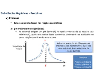 Substâncias Orgânicas - Proteínas V) Enzimas Fatores que interferem nas reações enzimáticas 2)  pH (Potencial Hidrogeniônico) As enzimas exigem um pH ótimo (Y) no qual a velocidade da reação seja máxima (X). Acima ou abaixo deste ponto elas diminuem sua atividade até que a reação química não mais ocorra. x y Velocidade da reação pH Acima ou abaixo do pH (Y) ocorre a as enzimas não se mantém ativas e por isso ocorre diminuição da velocidade da reação química. Exemplos Pepsina: pH ideal 2 Ptialina: pH ideal 7 Tripsina: pH ideal 8 
