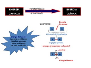 ENERGIA CAPTADA ENERGIA QUÍMICA Transformada e armazenada Exemplos: A A Átomos individualizados Energia fornecida A A Ligação química (energia armazenada na ligação) Energia de ligação é aquela contida nas  ligações químicas entre os átomos  de uma molécula. A A Energia liberada quebra 