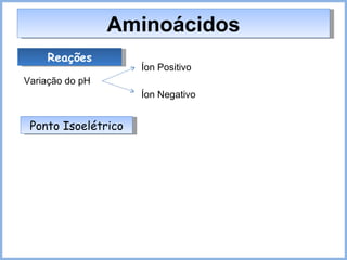 Reações Variação do pH Íon Positivo Íon Negativo Ponto Isoelétrico Aminoácidos 