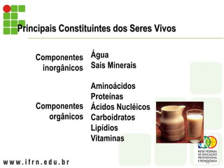 Principais Constituintes dos Seres Vivos
Componentes
inorgânicos
Componentes
orgânicos
Água
Sais Minerais
Aminoácidos
Proteínas
Ácidos Nucléicos
Carboidratos
Lipídios
Vitaminas
 