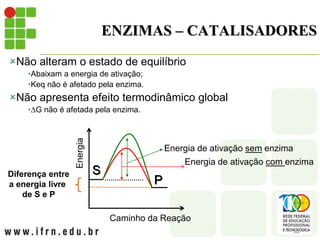 ENZIMAS – CATALISADORES
Não alteram o estado de equilíbrio
•Abaixam a energia de ativação;
•Keq não é afetado pela enzima.
Não apresenta efeito termodinâmico global
•G não é afetada pela enzima.
Diferença entre
a energia livre
de S e P
Caminho da Reação
Energia de ativação com enzima
Energia de ativação sem enzima
S
P
 