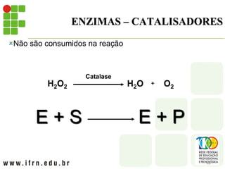 ENZIMAS – CATALISADORES
Não são consumidos na reação
H2O2 H2O O2
+
Catalase
E + S E + P
 