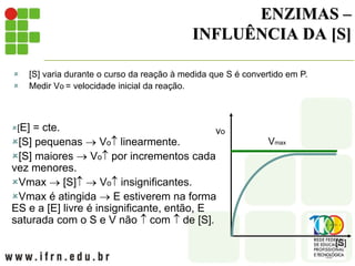 ENZIMAS –
INFLUÊNCIA DA [S]
 [S] varia durante o curso da reação à medida que S é convertido em P.
 Medir Vo = velocidade inicial da reação.
vo
[S]
Vmax
[E] = cte.
[S] pequenas  Vo linearmente.
[S] maiores  Vo por incrementos cada
vez menores.
Vmax  [S]  Vo insignificantes.
Vmax é atingida  E estiverem na forma
ES e a [E] livre é insignificante, então, E
saturada com o S e V não  com  de [S].
 