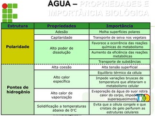 www.bioloja.com
ÁGUA – PROPRIEDADES E
IMPORTÂNCIA BIOLÓGICA
Estrutura Propriedades Importância
Polaridade
Adesão Molha superfícies polares
Capilaridade Transporte de seiva nos vegetais
Alto poder de
dissolução
Favorece a ocorrência das reações
químicas do metabolismo
Aumento da eficiência das reações
metabólicas
Transporte de substâncias
Pontes de
hidrogênio
Alta coesão Alta tensão superficial
Alto calor
específico
Equilíbrio térmico da célula
Impede variações bruscas de
temperatura que afetariam o
metabolismo celular
Alto calor de
vaporização
Evaporação da água do suor retira
calor do corpo, impedindo o
superaquecimento
Solidificação a temperaturas
abaixo de 0°C
Evita que a célula congele e que
cristais de gelo perfurem as
estruturas celulares
 