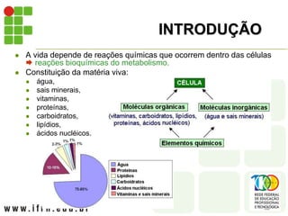 INTRODUÇÃO
 A vida depende de reações químicas que ocorrem dentro das células
 reações bioquímicas do metabolismo.
 Constituição da matéria viva:
 água,
 sais minerais,
 vitaminas,
 proteínas,
 carboidratos,
 lipídios,
 ácidos nucléicos.
 
