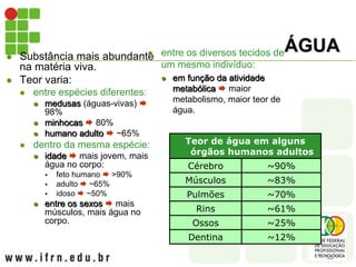 ÁGUA
 Substância mais abundante
na matéria viva.
 Teor varia:
 entre espécies diferentes:
 medusas (águas-vivas) 
98%
 minhocas  80%
 humano adulto  ~65%
 dentro da mesma espécie:
 idade  mais jovem, mais
água no corpo:
 feto humano  >90%
 adulto  ~65%
 idoso  ~50%
 entre os sexos  mais
músculos, mais água no
corpo.
 entre os diversos tecidos de
um mesmo indivíduo:
 em função da atividade
metabólica  maior
metabolismo, maior teor de
água.
Teor de água em alguns
órgãos humanos adultos
Cérebro ~90%
Músculos ~83%
Pulmões ~70%
Rins ~61%
Ossos ~25%
Dentina ~12%
 