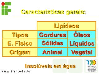 Características gerais:
Lipídeos
Tipos
E. Físico
Origem
Gorduras Óleos
Sólidas Líquidos
Animal Vegetal
Insolúveis em água
 