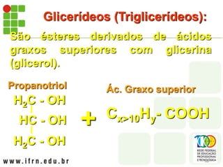 Glicerídeos (Triglicerídeos):
São ésteres derivados de ácidos
graxos superiores com glicerina
(glicerol).
+
H2C - OH
HC - OH
H2C - OH
Propanotriol Ác. Graxo superior
Cx>10Hy- COOH
 
