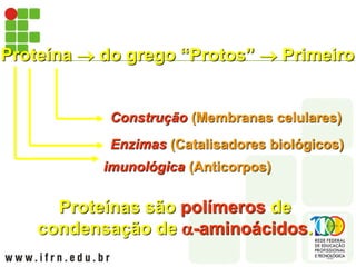 Proteína  do grego “Protos”  Primeiro
Construção (Membranas celulares)
Enzimas (Catalisadores biológicos)
Proteínas são polímeros de
condensação de -aminoácidos.
imunológica (Anticorpos)
 