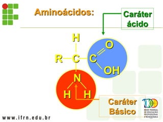 Aminoácidos:
C C
R
N
H
H H
OH
O
Caráter
ácido
Caráter
Básico
 