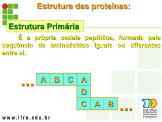 Estrutura das proteínas:
Estrutura Primária
É a própria cadeia peptídica, formada pela
sequência de aminoácidos iguais ou diferentes
entre si.
A
... B C A
D
C A B ...
 