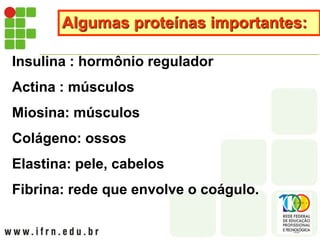 Algumas proteínas importantes:
Insulina : hormônio regulador
Actina : músculos
Miosina: músculos
Colágeno: ossos
Elastina: pele, cabelos
Fibrina: rede que envolve o coágulo.
 