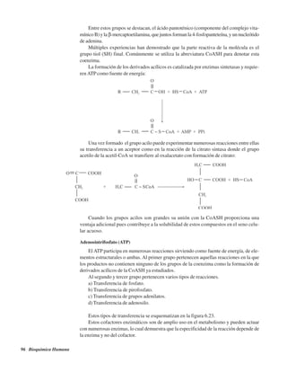 96 Bioquímica Humana
Entre estos grupos se destacan, el ácido pantoténico (componente del complejo vita-
mínico B) y la β-mercaptoetilamina, que juntos forman la 4-fosfopanteteína, y un nucleótido
de adenina.
Múltiples experiencias han demostrado que la parte reactiva de la molécula es el
grupo tiol (SH) final. Comúnmente se utiliza la abreviatura CoASH para denotar esta
coenzima.
La formación de los derivados acílicos es catalizada por enzimas sintetasas y requie-
renATPcomo fuente de energía:
Una vez formado el grupo acilo puede experimentar numerosas reacciones entre ellas
su transferencia a un aceptor como en la reacción de la citrato sintasa donde el grupo
acetilo de la acetil-CoA se transfiere al oxalacetato con formación de citrato:
Cuando los grupos acilos son grandes su unión con la CoASH proporciona una
ventaja adicional pues contribuye a la solubilidad de estos compuestos en el seno celu-
lar acuoso.
Adenosintrifosfato (ATP)
El ATP participa en numerosas reacciones sirviendo como fuente de energía, de ele-
mentos estructurales o ambas. Al primer grupo pertenecen aquellas reacciones en la que
los productos no contienen ninguno de los grupos de la coenzima como la formación de
derivados acílicos de la CoASH ya estudiados.
Al segundo y tercer grupo pertenecen varios tipos de reacciones.
a) Transferencia de fosfato.
b) Transferencia de pirofosfato.
c) Transferencia de grupos adenilatos.
d) Transferencia de adenosilo.
Estos tipos de transferencia se esquematizan en la figura 6.23.
Estos cofactores enzimáticos son de amplio uso en el metabolismo y pueden actuar
con numerosas enzimas, lo cual demuestra que la especificidad de la reacción depende de
la enzima y no del cofactor.
http://MedicoModerno.Blogspot.com
 