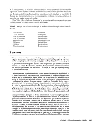 Capítulo 8. Metabolismo de los glúcidos 161
de la hemoglobina y se produzca hemólisis, la cual puede ser intensa si se mantiene la
exposición a estos agentes oxidantes. Las manifestaciones clínicas pueden ir desde ane-
mia discreta hasta hemoglobinuria, íctero hemolítico, shock e incluso la muerte. Es de
destacar que si estos pacientes no se exponen a agentes oxidantes pueden pasar la vida sin
sospechar que padecen esta enfermedad.
En la Tabla 8.1 se relacionan algunas de las sustancias oxidantes capaces de provocar
el cuadro clínico en los pacientes con déficit de G6PD.
Resumen
El mantenimiento de la concentración de glucosa en sangre (glucemia) es fundamen-
tal para el organismo especialmente para algunos tejidos que dependen de este com-
puesto para la obtención de energía metabólica como el cerebro. La homeostasis de
la glucemia se mantiene por el balance entre los procesos que aportan y sustraen
glucosa a la sangre. La absorción intestinal, la glucogenólisis y la gluconeogénesis
son procesos que aportan este metabolito a la sangre, en tanto que la glucogénesis y
la glucólisis lo sustraen.
La glucogénesis es el proceso mediante el cual se sintetiza glucógeno cuya función es
el almacenamiento de energía mediata principalmente en hígado y músculo. Este
proceso ocurre en el citosol de dichos tejidos y su precursor activo es la UDP-gluco-
sa. En la síntesis de este polisacárido intervienen la glucógeno sintasa y la enzima
ramificante; la primera de estas enzimas cataliza la formación de los enlaces
glicosídicos ααααα 1-4 de las cadenas lineales y la ramificante forma los enlaces glicosídicos
ααααα 1-6 de los puntos de ramificación. La glucógeno sintasa es la principal enzima
reguladora de la vía y su mecanismo de regulación es covalente por fosforilación-
desfosforilación siendo la forma desfosforilada la forma activa aunque a elevadas
concentraciones de glucosa-6-fosfato la forma fosforilada puede ganar en actividad.
La degradación del glucógeno se lleva a cabo mediante el proceso de glucogenólisis.
La principal enzima de esta vía, la glucógeno fosforilasa escinde los enlaces ααααα 1-4
glicosídicos fosforolíticamente de manera que el producto que se obtiene es glucosa-
1-fosfato. Los puntos de ramificación se hidrolizan por acción de la enzima
desramificante rindiendo glucosa libre. El producto principal de la glucogenólisis la
glucosa-1-fosfato es convertida en glucosa-6-fosfato por la acción de la
fosfoglucomutasa. En el hígado la glucosa-6-fosfato es hidrolizada por la acción
catalítica de la glucosa-6-fosfatasa dando como productos glucosa libre y Pi, la glu-
cosa libre puede pasar a la sangre contribuyendo al mantenimiento de la glucemia
especialmente en períodos interalimentarios y durante el ayuno de corta duración.
El tejido muscular, por carecer de la enzima glucosa-6-fosfatasa, no libera glucosa a
Tabla 8.1. Drogas con acción oxidante que no deben administrarse a pacientes con déficit
de G6PD.
Acetanilidina Pentaquina
Ácido nalidíxico Primaquina
Azul de toluidina Sulfacetamida
Azul de metileno Sulfanilamida
Fenilhidracina Sulfametatoxazole
Naftaleno Sulfapiridina
Niridazol Tiazolesulfone
Nitrofurantoína Trinitrotolueno
http://MedicoModerno.Blogspot.com
 