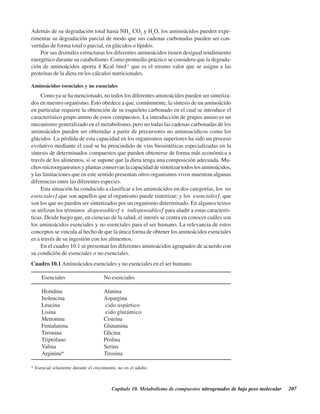 Capítulo 10. Metabolismo de compuestos nitrogenados de bajo peso molecular 207
Además de su degradación total hasta NH3,
CO2
y H2
O, los aminoácidos pueden expe-
rimentar su degradación parcial de modo que sus cadenas carbonadas pueden ser con-
vertidas de forma total o parcial, en glúcidos o lípidos.
Por sus disímiles estructuras los diferentes aminoácidos tienen desigual rendimiento
energético durante su catabolismo. Como promedio práctico se considera que la degrada-
ción de aminoácidos aporta 4 Kcal /mol-1
que es el mismo valor que se asigna a las
proteínas de la dieta en los cálculos nutricionales.
Aminoácidos esenciales y no esenciales
Como ya se ha mencionado, no todos los diferentes aminoácidos pueden ser sintetiza-
dos en nuestro organismo. Esto obedece a que, comúnmente, la síntesis de un aminoácido
en particular requiere la obtención de su esqueleto carbonado en el cual se introduce el
característico grupo amino de estos compuestos. La introducción de grupos amino es un
mecanismo generalizado en el metabolismo, pero no todas las cadenas carbonadas de los
aminoácidos pueden ser obtenidas a partir de precursores no aminoacídicos como los
glúcidos. La pérdida de esta capacidad en los organismos superiores ha sido un proceso
evolutivo mediante el cual se ha prescindido de vías biosintéticas especializadas en la
síntesis de determinados compuestos que pueden obtenerse de forma más económica a
través de los alimentos, si se supone que la dieta tenga una composición adecuada. Mu-
chos microorganismos y plantas conservan la capacidad de sintetizar todos los aminoácidos,
y las limitaciones que en este sentido presentan otros organismos vivos muestran algunas
diferencias entre las diferentes especies.
Esta situación ha conducido a clasificar a los aminoácidos en dos categorías, los “no
esenciales”,que son aquellos que el organismo puede sintetizar; y los “esenciales”, que
son los que no pueden ser sintetizados por un organismo determinado. En algunos textos
se utilizan los términos “dispensables” e “indispensables” para aludir a estas caracterís-
ticas. Desde luego que, en ciencias de la salud, el interés se centra en conocer cuáles son
los aminoácidos esenciales y no esenciales para el ser humano. La relevancia de estos
conceptos se vincula al hecho de que la única forma de obtener los aminoácidos esenciales
es a través de su ingestión con los alimentos.
En el cuadro 10.1 se presentan los diferentes aminoácidos agrupados de acuerdo con
su condición de esenciales o no esenciales.
Cuadro 10.1 Aminoácidos esenciales y no esenciales en el ser humano.
Esenciales No esenciales
Histidina Alanina
Isoleucina Aspargina
Leucina Ácido aspártico
Lisina Ácido glutámico
Metionina Cisteína
Fenialanina Glutamina
Treonina Glicina
Triptófano Prolina
Valina Serina
Arginina* Tirosina
* Esencial solamente durante el crecimiento, no en el adulto.
http://MedicoModerno.Blogspot.com
 
