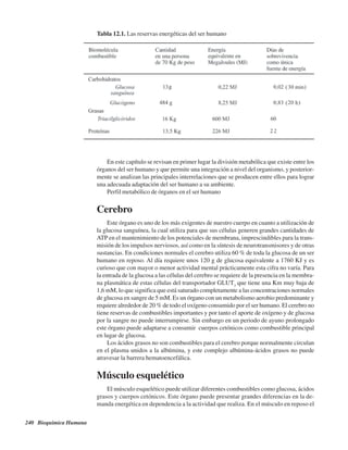 240 Bioquímica Humana
En este capítulo se revisan en primer lugar la división metabólica que existe entre los
órganos del ser humano y que permite una integración a nivel del organismo, y posterior-
mente se analizan las principales interrelaciones que se producen entre ellos para lograr
una adecuada adaptación del ser humano a su ambiente.
Perfil metabólico de órganos en el ser humano
Cerebro
Este órgano es uno de los más exigentes de nuestro cuerpo en cuanto a utilización de
la glucosa sanguínea, la cual utiliza para que sus células generen grandes cantidades de
ATP en el mantenimiento de los potenciales de membrana, imprescindibles para la trans-
misión de los impulsos nerviosos, así como en la síntesis de neurotransmisores y de otras
sustancias. En condiciones normales el cerebro utiliza 60 % de toda la glucosa de un ser
humano en reposo. Al día requiere unos 120 g de glucosa equivalente a 1760 KJ y es
curioso que con mayor o menor actividad mental prácticamente esta cifra no varía. Para
la entrada de la glucosa a las células del cerebro se requiere de la presencia en la membra-
na plasmática de estas células del transportador GLUT3
que tiene una Km muy baja de
1,6 mM, lo que significa que está saturado completamente a las concentraciones normales
de glucosa en sangre de 5 mM. Es un órgano con un metabolismo aerobio predominante y
requiere alrededor de 20 % de todo el oxígeno consumido por el ser humano. El cerebro no
tiene reservas de combustibles importantes y por tanto el aporte de oxígeno y de glucosa
por la sangre no puede interrumpirse. Sin embargo en un periodo de ayuno prolongado
este órgano puede adaptarse a consumir cuerpos cetónicos como combustible principal
en lugar de glucosa.
Los ácidos grasos no son combustibles para el cerebro porque normalmente circulan
en el plasma unidos a la albúmina, y este complejo albúmina-ácidos grasos no puede
atravesar la barrera hematoencefálica.
Músculo esquelético
El músculo esquelético puede utilizar diferentes combustibles como glucosa, ácidos
grasos y cuerpos cetónicos. Este órgano puede presentar grandes diferencias en la de-
manda energética en dependencia a la actividad que realiza. En el músculo en reposo el
Tabla 12.1. Las reservas energéticas del ser humano
http://MedicoModerno.Blogspot.com
 