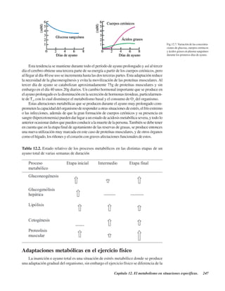 Capítulo 12. El metabolismo en situaciones específicas. 247
Esta tendencia se mantiene durante todo el período de ayuno prolongado y así al tercer
día el cerebro obtiene una tercera parte de su energía a partir de los cuerpos cetónicos, pero
al llegar al día 40 ese uso se incrementa hasta las dos terceras partes. Esta adaptación reduce
la necesidad de la gluconeogénesis y evita la movilización de las proteínas musculares.Al
tercer día de ayuno se catabolizan aproximadamente 75g de proteínas musculares y sin
embargo en el día 40 unos 20g diarios. Un cambio hormonal importante que se produce en
el ayuno prolongado es la disminución en la secreción de hormonas tiroideas, particularmen-
te de T3
, con lo cual disminuye el metabolismo basal y el consumo de O2
del organismo.
Estas alteraciones metabólicas que se producen durante el ayuno muy prolongado com-
prometenlacapacidaddelorganismoderesponderaotrassituacionesdeestrés,elfríoextremo
o las infecciones, además de que la gran formación de cuerpos cetónicos y su presencia en
sangre(hipercetonemia)puedendarlugaraunestadodeacidosismetabólicasevera,ytodolo
anteriorocasionardañosquepuedenconduciralamuertedelapersona.Tambiénsedebetener
en cuenta que en la etapa final de agotamiento de las reservas de grasas, se produce entonces
una nueva utilización muy marcada en este caso de proteínas musculares, y de otros órganos
como el hígado, los riñones y el corazón con graves afectaciones funcionales de estos.
Fig.12.7.Variación de las concentra-
ciones de glucosa, cuerpos cetónicos
y ácidos grasos en plasma sanguíneo
durante los primeros días de ayuno.
Tabla 12.2. Estado relativo de los procesos metabólicos en las distintas etapas de un
ayuno total de varias semanas de duración
Adaptaciones metabólicas en el ejercicio físico
La inanición o ayuno total es una situación de estrés metabólico donde se produce
una adaptación gradual del organismo, sin embargo el ejercicio físico se diferencia de la
http://MedicoModerno.Blogspot.com
 
