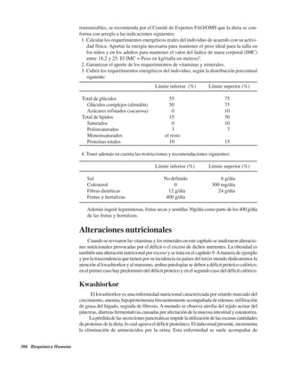 306 Bioquímica Humana
transmisibles, se recomienda por el Comité de Expertos FAO/OMS que la dieta se con-
forma con arreglo a las indicaciones siguientes:
1. Calcular los requerimientos energéticos reales del individuo de acuerdo con su activi-
dad física. Aportar la energía necesaria para mantener el peso ideal para la talla en
los niños y en los adultos para mantener el valor del índice de masa corporal (IMC)
entre 18,2 y 25. El IMC = Peso en kg/(talla en metros)2
.
2. Garantizar el aporte de los requerimientos de vitaminas y minerales.
3. Cubrir los requerimientos energéticos del individuo, según la distribución porcentual
siguiente:
Límite inferior (%) Límite superior (%)
Total de glúcidos 55 75
Glúcidos complejos (almidón) 50 75
Azúcares refinados (sacarosa) 0 10
Total de lípidos 15 30
Saturados 0 10
Poliinsaturados 3 7
Monoinsaturados el resto
Proteínas totales 10 15
4. Tener además en cuenta las restricciones y recomendaciones siguientes:
Límite inferior (%) Límite superior (%)
Sal No definido 6 g/día
Colesterol 0 300 mg/día
Fibras dietéticas 12 g/día 24 g/día
Frutas y hortalizas 400 g/día
Además ingerir leguminosas, frutas secas y semillas 30g/día como parte de los 400 g/día
de las frutas y hortalizas.
Alteraciones nutricionales
Cuandoserevisaronlasvitaminasylosmineralesenestecapítuloseanalizaronalteracio-
nes nutricionales provocadas por el déficit o el exceso de dichos nutrientes. La obesidad es
también una alteración nutricional por exceso y se trata en el capítulo 9.Amanera de ejemplo
y por la trascendencia que tienen por su incidencia en países del tercer mundo dedicaremos la
atención al kwashiorkor y al marasmo, ambas patologías se deben a déficit proteíco-calórico,
enelprimercasohaypredominiodeldéficitproteícoyenelsegundocasodeldéficitcalórico.
Kwashiorkor
El kwashiorkor es una enfermedad nutricional caracterizada por retardo marcado del
crecimiento, anemia, hipoproteinemia frecuentemente acompañada de edemas, infiltración
de grasa del hígado, seguida de fibrosis. A menudo se observa atrofia del tejido acinar del
páncreas,diarreasfermentativascausadasporafectacióndelamucosaintestinalyesteatorrea.
Lapérdidadelassecrecionespancreáticasimpidelautilizacióndelasescasascantidades
deproteínasdeladieta,locualagravaeldéficitproteínico.Eldañorenalpresente,incrementa
la eliminación de aminoácidos por la orina. Esta enfermedad se suele acompañar de
http://MedicoModerno.Blogspot.com
 