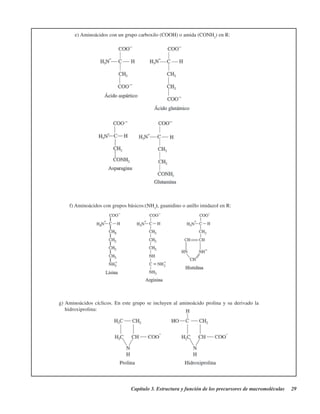 Capítulo 3. Estructura y función de los precursores de macromoléculas 29
e) Aminoácidos con un grupo carboxilo (COOH) o amida (CONH2
) en R:
f) Aminoácidos con grupos básicos:(NH2
), guanidino o anillo imidazol en R:
g) Aminoácidos cíclicos. En este grupo se incluyen al aminoácido prolina y su derivado la
hidroxiprolina:
http://MedicoModerno.Blogspot.com
 