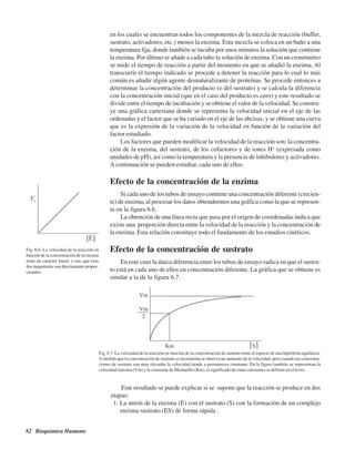 82 Bioquímica Humana
Fig. 6.7. La velocidad de la reacción en función de la concentración de sustrato tiene el aspecto de una hipérbola equilátera.
A medida que la concentración de sustrato se incrementa se observa un aumento de la velocidad; pero cuando las concentra-
ciones de sustrato son muy elevadas la velocidad tiende a permanecer constante. En la figura también se representan la
velocidad máxima (Vm) y la constante de Michaellis (Km), el significado de estas constantes se definen en el texto.
en los cuales se encuentran todos los componentes de la mezcla de reacción (buffer,
sustrato, activadores, etc.) menos la enzima. Esta mezcla se coloca en un baño a una
temperatura fija, donde también se incuba por unos minutos la solución que contiene
la enzima. Por último se añade a cada tubo la solución de enzima. Con un cronómetro
se mide el tiempo de reacción a partir del momento en que se añadió la enzima. Al
transcurrir el tiempo indicado se procede a detener la reacción para lo cual lo más
común es añadir algún agente desnaturalizante de proteínas. Se procede entonces a
determinar la concentración del producto (o del sustrato) y se calcula la diferencia
con la concentración inicial (que en el caso del producto es cero) y este resultado se
divide entre el tiempo de incubación y se obtiene el valor de la velocidad. Se constru-
ye una gráfica cartesiana donde se representa la velocidad inicial en el eje de las
ordenadas y el factor que se ha variado en el eje de las abcisas, y se obtiene una curva
que es la expresión de la variación de la velocidad en función de la variación del
factor estudiado.
Los factores que pueden modificar la velocidad de la reacción son: la concentra-
ción de la enzima, del sustrato, de los cofactores y de iones H+
(expresada como
unidades de pH), así como la temperatura y la presencia de inhibidores y activadores.
A continuación se pueden estudiar, cada uno de ellos.
Efecto de la concentración de la enzima
Si cada uno de los tubos de ensayo contiene una concentración diferente (crecien-
te) de enzima, al procesar los datos obtendremos una gráfica como la que se represen-
ta en la figura 6.6.
La obtención de una línea recta que pasa por el origen de coordenadas indica que
existe una proporción directa entre la velocidad de la reacción y la concentración de
la enzima. Esta relación constituye todo el fundamento de los estudios cinéticos.
Efecto de la concentración de sustrato
En este caso la única diferencia entre los tubos de ensayo radica en que el sustra-
to está en cada uno de ellos en concentración diferente. La gráfica que se obtiene es
similar a la de la figura 6.7.
Fig. 6.6. La velocidad de la reacción en
función de la concentración de la enzima
tiene un carácter lineal, o sea, que esas
dos magnitudes son directamente propor-
cionales.
Este resultado se puede explicar si se supone que la reacción se produce en dos
etapas:
1. La unión de la enzima (E) con el sustrato (S) con la formación de un complejo
enzima-sustrato (ES) de forma rápida .
http://MedicoModerno.Blogspot.com
 