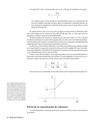 84 Bioquímica Humana
c) Cuando [S] = Km, el denominador pasa a ser 2 [S] que al simplificar nos queda:
Fig.6.8.RepresentacióndeLineweaver
Burk.Tomando los inversos de la ecua-
ción de Michaellis se llega a la ecua-
ción de una línea recta. El intercepto
en el eje de las ordenadas es el inverso
de la velocidad máxima (Vm) mientras
que la línea corta el eje de las abcisas
en un valor que es el inverso negativo
de la constante de Michaellis (Km).
Estas gráficas son muy útiles especial-
mente en el estudio de la inhibición
enzimática como se verá más adelante.
esto significa que el valor de Km es numéricamente igual a la concentración de
sustrato cuando la velocidad inicial es igual a la mitad de la velocidad máxima. En
este momento la mitad de las moléculas de la enzima estan en estado libre y la otra
mitad en forma de ES.
Se puede observar que si la curva tiene siempre la misma forma la diferencia entre
ellas estará dada por los valores de Vm y Km de ahí que ellos se conozcan como los
parámetros cinéticos de la ecuación de Michaellis.
Podemos analizar brevemente el significado de cada uno de ellos. La Vm se alcanza
cuando las moléculas de sustrato han ocupado todos los sitios activos de todas las molécu-
las de la enzima, por lo que la velocidad de la reacción en ese momento solo depende de la
capacidad que tenga la enzima para transformar el sustrato.
La Km, tal y como la hemos definido en este libro (otras definiciones pueden originar
otros significados) es igual a la constante de disociación del complejo ES y por ello repre-
senta una medida de la afinidad de la enzima por el sustrato de forma que mientras mayor
sea la afinidad menor será el valor de la Km.
Como es muy difícil trabajar con la expresión gráfica de la ecuación de Michaellis se
han hecho varias transformaciones de la misma. La más empleada es la de Lineweaver y
Burk que consiste en tomar los valores inversos de la ecuación hasta obtener:
Esta ecuación se corresponde con una línea recta como se representa en la figura 6.8.
Efecto de la concentración de cofactores
La concentración de cofactores suele tener un efecto similar a la de la concentración
de sustrato.
http://MedicoModerno.Blogspot.com
 