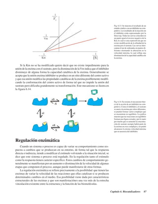 Capítulo 6. Biocatalizadores 87
Si la Km no se ha modificado quiere decir que no existe impedimento para la
unión de la enzima con el sustrato, pero la disminución de laVm indica que el inhibidor
disminuye de alguna forma la capacidad catalítica de la enzima. Generalmente se
acepta que la unión enzima inhibidor se produce en un sitio diferente del centro activo
y que esa unión modifica las propiedades catalíticas de la enzima posiblemente modifi-
cando la conformación del centro activo de forma tal que no impide la unión del
sustrato pero dificulta grandemente su transformación. Este mecanismo se ilustra en
la figura 6.14.
Fig. 6.13. Se muestra el resultado de un
estudiocinéticoconuninhibidornocom-
petitivo. Los resultados de la reacción sin
el inhibidor están representados por la
línea roja. Todas las curvas coinciden en
un punto igual al inverso negativo de la
Km, lo cual es una expresión de que no
existe modificación de la afinidad de la
enzima por el sustrato. Las curvas inter-
ceptan el eje de ordenadas en puntos di-
ferentes mostrando la alteración en la
velocidad máxima, lo cual refleja una
disminución de la capacidad catalítica de
la enzima.
Regulación enzimática
Cuando un sistema o proceso es capaz de variar su comportamiento como res-
puesta a cambios que se produzcan en su entorno, de forma tal que la respuesta
directa o indirecta, tiende a modificar el estímulo volviendo a la situación inicial, se
dice que este sistema o proceso está regulado. En la regulación tanto el estimulo
como la respuesta tienen carácter específico. Estos cambios de comportamiento ge-
neralmente se manifiestan por un aumento o disminución de la velocidad de algunas
etapas que componen el proceso, aunque puede manifestarse de otras formas.
La regulación enzimática se refiere precisamente a la posibilidad que tienen las
enzimas de variar la velocidad de las reacciones que ellas catalizan si se producen
determinados cambios en el medio. Esa posibilidad viene dada por características
estructurales de las enzimas y que son manifestaciónes una vez más de la estrecha
vinculación existente entre la estructura y la función de las biomoléculas.
Fig. 6.14. Se resume el mecanismo bási-
co de la acción de un inhibidor no com-
petitivo. Como el inhibidor y el sustrato
se unen a la enzima por sitios diferentes,
se pueden formar varios complejos que
se encuentran en equilibrio. La gráfica
muestra que las reacciones en equilibrio
forman una figura cerrada y por lo tanto
por mucho que se aumente la concentra-
ción de sustrato siempre habrá parte de
la enzima en esos complejos y no podrá
alcanzarse la misma velocidad máxima
que en ausencia del inhibidor.
http://MedicoModerno.Blogspot.com
 