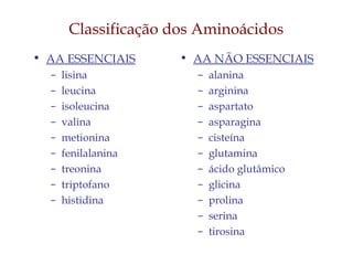 • AA ESSENCIAIS
– lisina
– leucina
– isoleucina
– valina
– metionina
– fenilalanina
– treonina
– triptofano
– histidina
• AA NÃO ESSENCIAIS
– alanina
– arginina
– aspartato
– asparagina
– cisteína
– glutamina
– ácido glutâmico
– glicina
– prolina
– serina
– tirosina
Classificação dos Aminoácidos
 