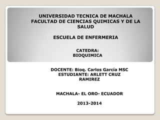 UNIVERSIDAD TECNICA DE MACHALA
FACULTAD DE CIENCIAS QUIMICAS Y DE LA
SALUD
ESCUELA DE ENFERMERIA
CATEDRA:
BIOQUIMICA
DOCENTE: Bioq. Carlos García MSC
ESTUDIANTE: ARLETT CRUZ
RAMIREZ
MACHALA- EL ORO- ECUADOR
2013-2014

 