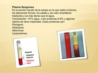Plasma Sanguíneo
Es la porción líquida de la sangre en la que están inmersos
los elementos formes. Es salado y de color amarillento
traslúcido y es más denso que el agua.
Composición : 91% agua, y las proteínas el 8% y algunos
rastros de otros materiales. Estas proteínas son:
Fibrógeno
Globulinas
Albúminas
Lipoproteínas.
 