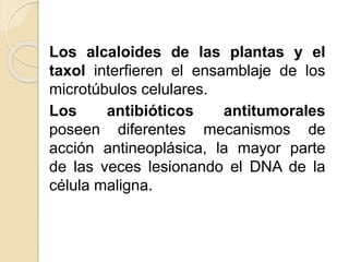 Los alcaloides de las plantas y el
taxol interfieren el ensamblaje de los
microtúbulos celulares.
Los antibióticos antitumorales
poseen diferentes mecanismos de
acción antineoplásica, la mayor parte
de las veces lesionando el DNA de la
célula maligna.
 