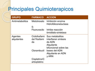 Principales Quimioterapicos
GRUPO FARMACO ACCION
Antimetabolitos Metotrexato
5-
Fluoruracilo
Inhibición enzima
Hidrofólicoreductasa
Inhibe reacción
timidilato-sintetasa
Agentes
alquilantes
Ciclofosfami
da/1fosfami
da
Clorambucil
Cisplatino/C
arboplatino
Sus metabolitos
interfieren síntesis
de ADN
Alquilante
bifuncional sobre las
bases del ADN
Alquilante en ADN
y ARN
 
