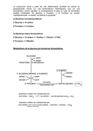 La producción acida a partir de una determinada cantidad de azúcar es 
generalmente menor en una fermentación heterolactica que en una 
homoláctica. Como ejemplo, si consideramos el caso en que se fermenten 
iguales cantidades de glucosa y fructosa, y la fructosa se reduce 
cuantitativamente a manitol, se tendría lo siguiente: 
a) Bacterias homofermentativas 
2 Glucosa -> 4 Láctico 
2 Fructosa -> 4 Láctico 
b) Bacterias hetero fermentativas 
2 Glucosa -> 2 Láctico + 1 Acético + 1 Etanol + 2 C02 
2 Fructosa -> 2 Manitol 
Metabolismo de la glucosa por levaduras fermentativas. 
 