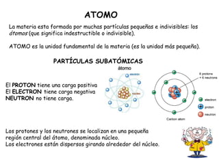 ATOMO
 La materia esta formada por muchas partículas pequeñas e indivisibles: los
 átomos (que significa indestructible o indivisible).

 ATOMO es la unidad fundamental de la materia (es la unidad más pequeña).

                  PARTÍCULAS SUBATÓMICAS


El PROTON tiene una carga positiva
El ELECTRON tiene carga negativa
NEUTRON no tiene carga.




Los protones y los neutrones se localizan en una pequeña
región central del átomo, denominada núcleo.
Los electrones están dispersos girando alrededor del núcleo.
 