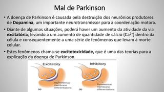 Mal de Parkinson
• A doença de Parkinson é causada pela destruição dos neurônios produtores
de Dopamina, um importante neurotransmissor para a coordenação motora.
• Diante de algumas situações, poderá haver um aumento da atividade da via
excitatória, levando a um aumento de quantidade de cálcio (Ca2+) dentro da
célula e consequentemente a uma série de fenômenos que levam à morte
celular.
• Estes fenômenos chama-se excitotoxicidade, que é uma das teorias para a
explicação da doença de Parkinson.
 