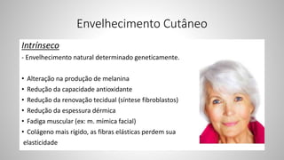 Envelhecimento Cutâneo
Intrínseco
- Envelhecimento natural determinado geneticamente.
• Alteração na produção de melanina
• Redução da capacidade antioxidante
• Redução da renovação tecidual (síntese fibroblastos)
• Redução da espessura dérmica
• Fadiga muscular (ex: m. mímica facial)
• Colágeno mais rígido, as fibras elásticas perdem sua
elasticidade
 